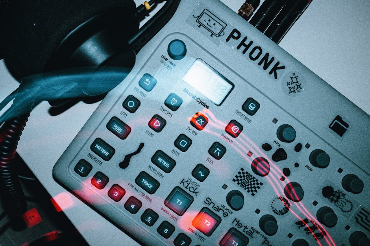 Detailed view of an electronic music synthesizer device labeled 'PHONK'.