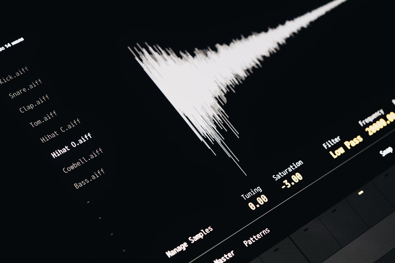 Close-up of a digital audio editing interface displaying sound waves and file names.